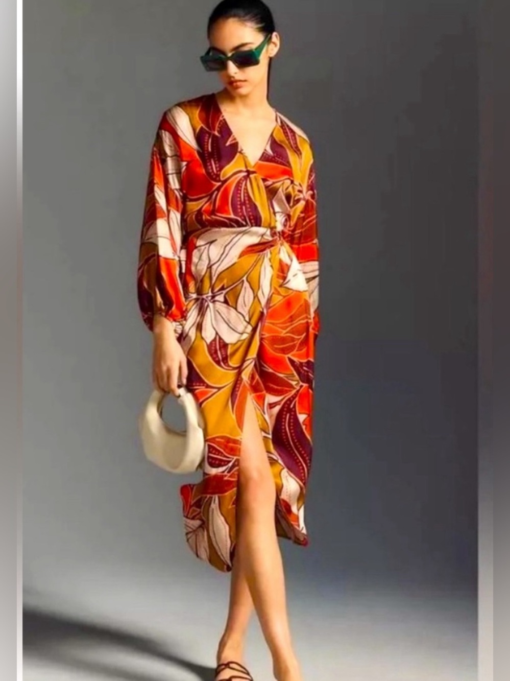 Anthropologie Bold Floral Midi Dress in Orange, Red and Cream XXS